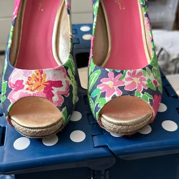 Lilly Pulitzer Floral Wedges - Pink, Green, Gold - Picture 3 of 7